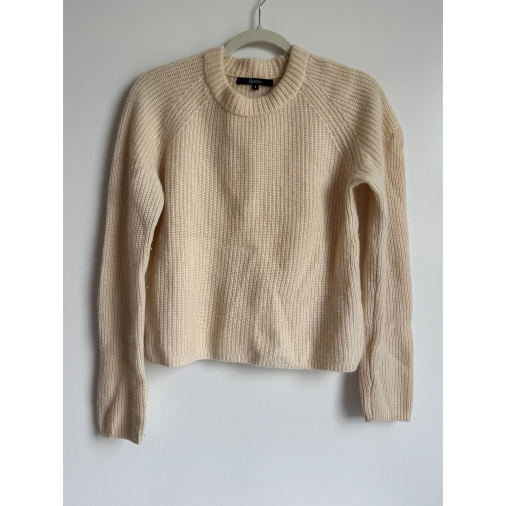 Quince Mongolian Cashmere Fisherman Sweater Ivory Cream Ribbed Knit Small luxury